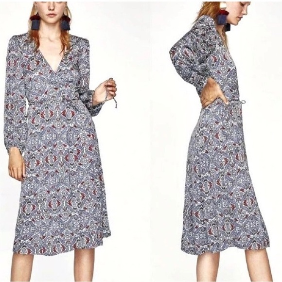 Zara Dresses & Skirts - ZARA Silky Blue Paisley Authentic Wrap Longsleeve Midi Dress